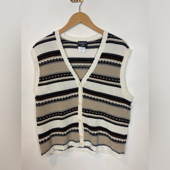 Vintage Southern Lady Stripe Sweater Vest neutrals P/Large Coastal fair isle - Picture 2 of 8
